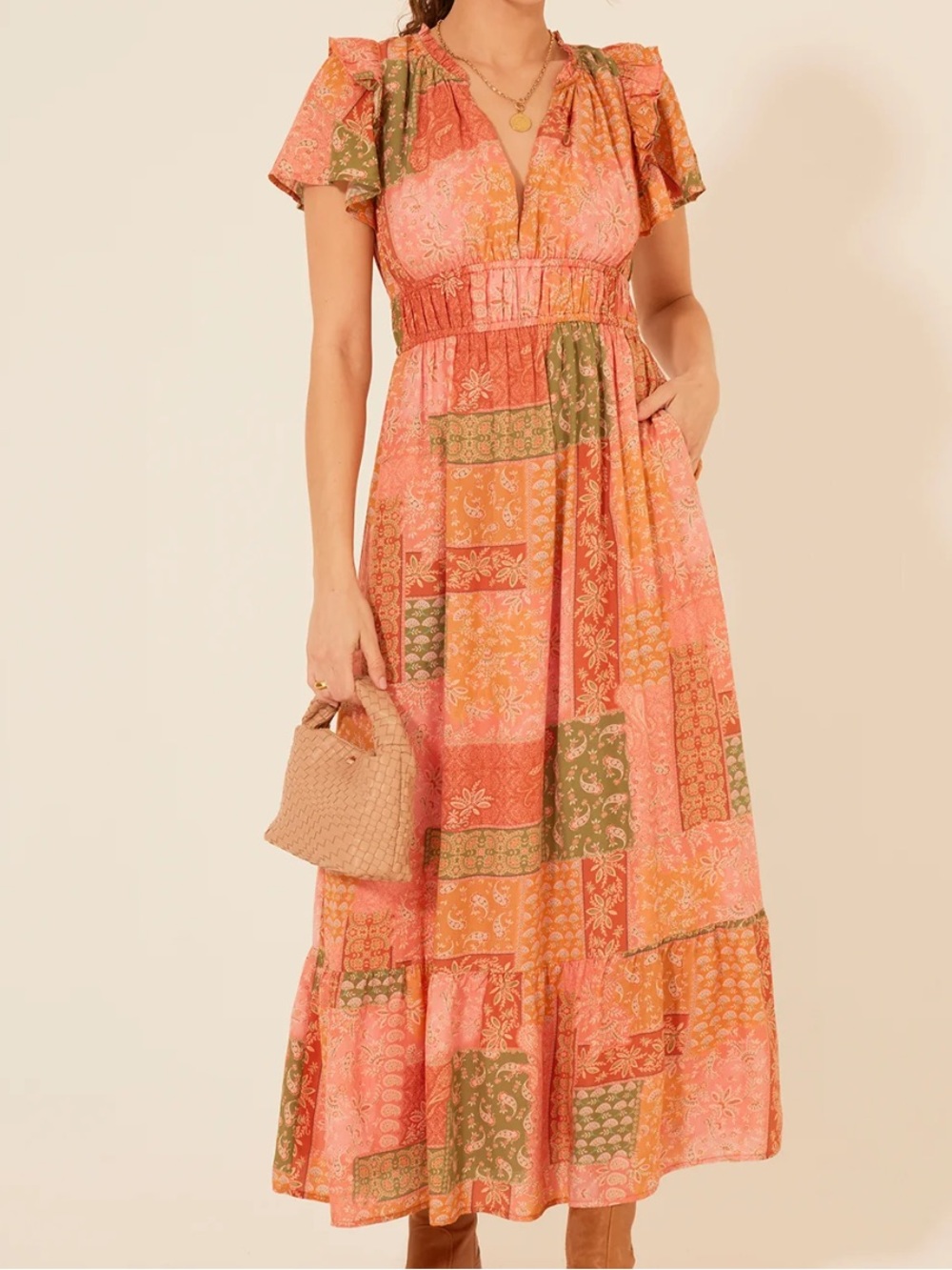 Bila Patchwork Boho Maxi Dress Ruffle Sleeve Plunge Neck Size XS/S - Picture 2 of 9